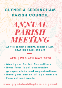 Advert for the Annual Parish Meeting taking place on 6th May 2020 at 6pm, the Reading Room, Beddingham