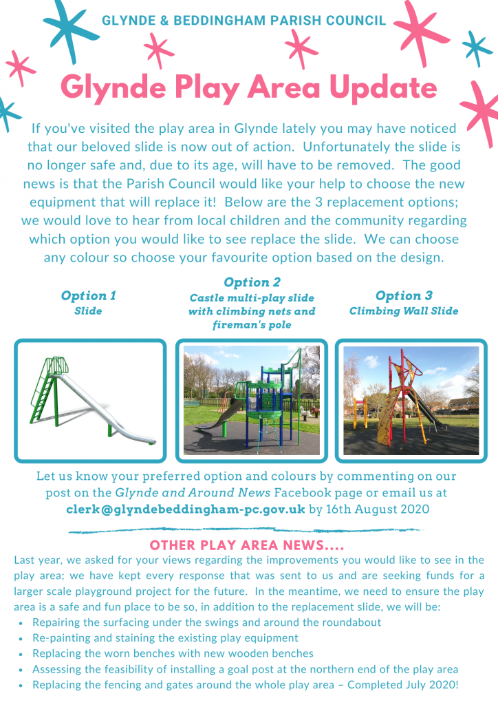 3 options for the replacement of the slide in Glynde Play Area